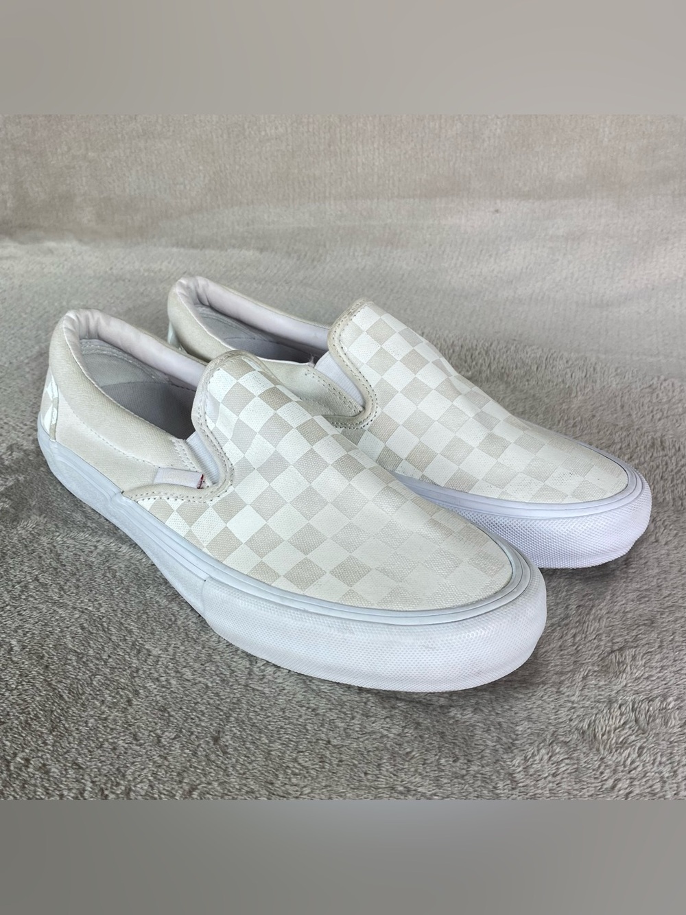 Vans Checkerboard Slip On Sneaker Shoes Men 9 Women 10.5 Pure White Canvas NEW